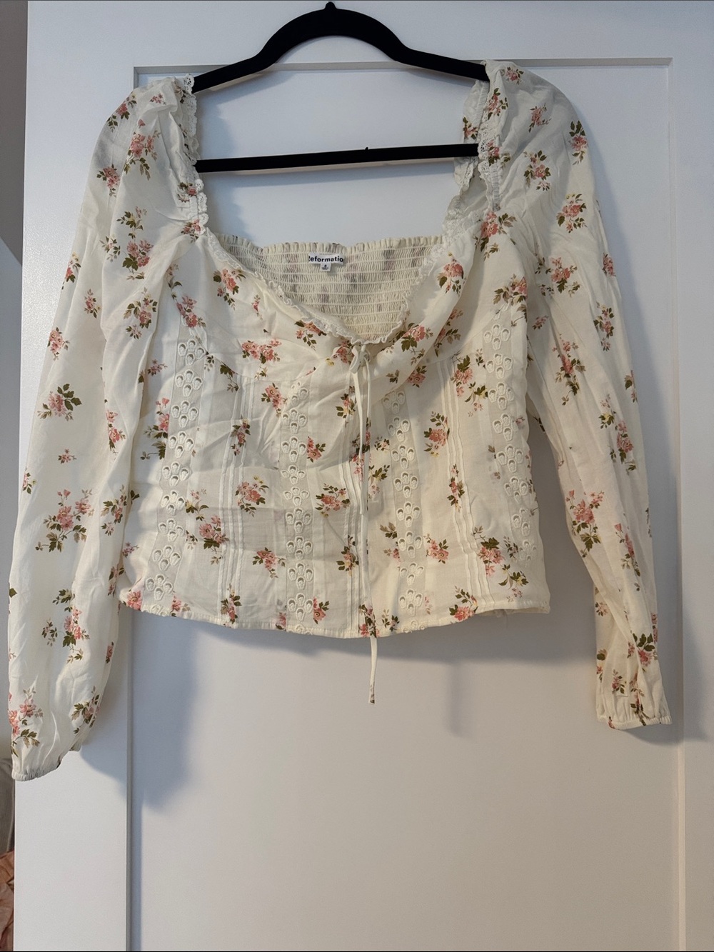 Reformation Cream Floral Square-Neck Peasant Blouse with Tie